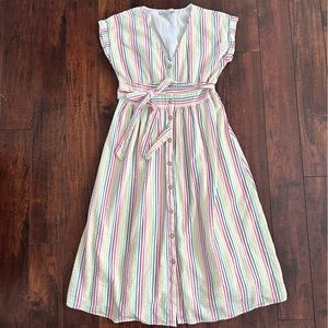 Loft Button Down Tie Waist Midi Dress Muli-stripe Dress 6